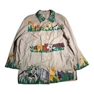 Vtg 1990s Anage Beige Cotton Safari Animal Embroidered Button Up jacket Sz M